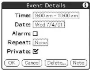 Event Details Time: 9:00 am - 10:00 am Date: Wed 7/4/01 Alarm: □ Repeat: None Private: ✓ OK Cancel Delete... Note