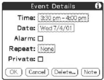 Event Details Time: 3:30 pm - 4:00 pm Date: Wed 7/4/01 Alarm: □ Repeat: None Private: □ OK Cancel Delete... Note