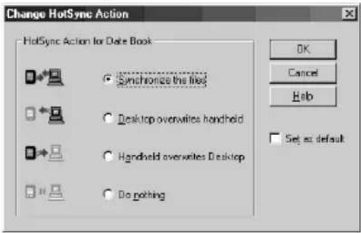 Change HotSync Action HotSync Action for Date Book Synchronize the files Desktop overwrites handheld Handheld overwrites Desktop Do nothing OK Cancel Help Select default
