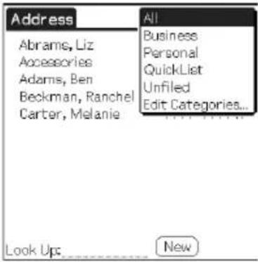 Address Abrams, Liz Accessories Adams, Ben Beckman, Ranchel Carter, Melanie All Business Personal QuickList Unfiled Edit Categories... Look Up: New