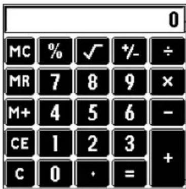 0 MC % ✓ +/- ÷ MR 7 8 9 × M+ 4 5 6 - CE 1 2 3 + C 0 · = +