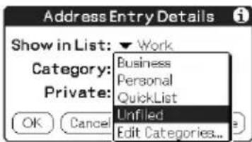 Address Entry Details Show in List: ▼ Work Category: Private: OK Cancel Business Personal QuickList Unfilled Edit Categories...
