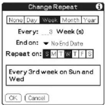 Change Repeat None Day Week Month Year Every: 3 Week (s) End on: ▼ No End Date Repeat on: S M T W T F S Every 3rd week on Sun and Wed OK Cancel