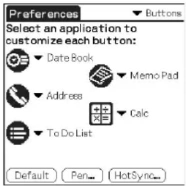 Preferences ▼ Buttons Select an application to customize each button: ▼ Date Book ▼ Memo Pad ▼ Address ▼ Calc ▼ To Do List Default Pen... HotSync...
