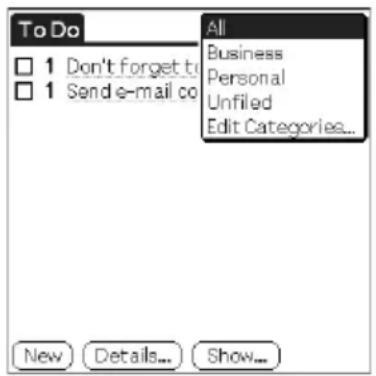 To Do 1 Don't forget to 1 Send e-mail co All Business Personal Unfiled Edit Categories... New Details... Show...