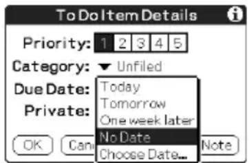 To Do Item Details Priority: 1 2 3 4 5 Category: ▼ Unfiled Due Date: Today Tomorrow One week later Private: OK Can No Date... Note