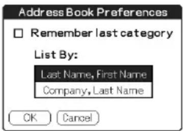 Address Book Preferences Remember last category List By: Last Name, First Name Company, Last Name OK Cancel