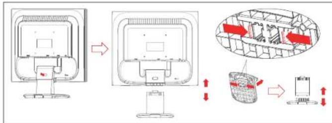 Diagram illustrating the process of a computer monitor with internal components and directional arrows indicating assembly or movement.