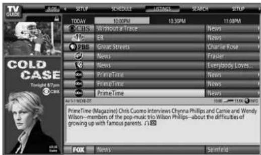 TV GUIDE COLD CASE Tonight 87pm CBS TODAY 10:00PM 10:30PM 11:00PM CBS Without a Trace News NBC EB News PBS Great Streets Charlie Rose News Frasler News Everybody Loves... PrimeTime News PrimeTime News PrimeTime News PrimeTime (Magazine) Chris Cuomo interviews Chynna Phillips and Carrie and Wendy Wilson—members of the pop-music trio Wilson Phillips—about the difficulties of growing up with famous parents. A.E. FOX News Sanfield