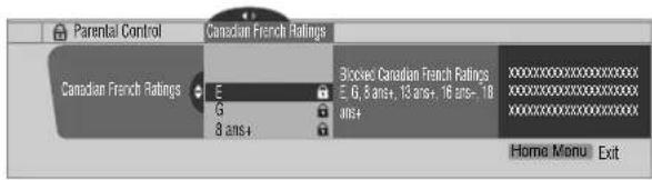 Parental Control Canadian French Ratings Canadian French Ratings E G 8 ans+ 3 enclosed Canadian French Ratings E, G, 8 ans+, 18 ans+, 16 ans-, 10 ans+ Home Menu Exit