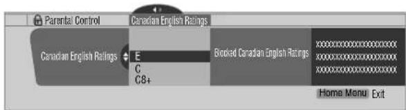 Parental Control Canadian English Ratings Canadian English Ratings E C C8+ Booked Canadian English Ratings xxxxxxxxxxxxxxxxxxxxxxx xxxxxxxxxxxxxxxxxxxxxxx xxxxxxxxxxxxxxxxxxxxxxx Home Menu Exit