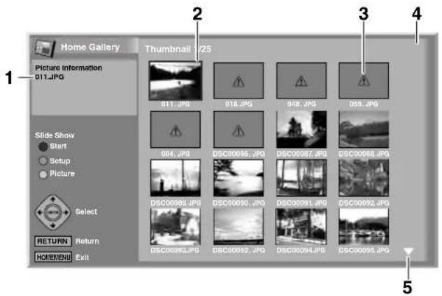Home Gallery Picture Information 011.JPG Thumbnail 1/25 Slide Show Start Setup Picture Select RETURN Return HOME/END Exit 2 3 4 5