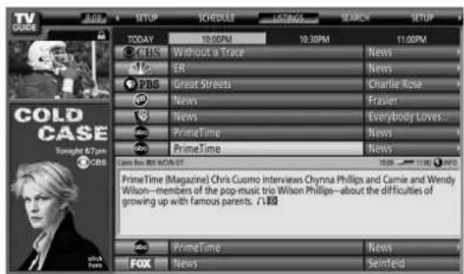 TV GAMES 10:00 TODAY 10:00PM 10:30PM 11:00PM CBS Without a Trace News ER News PBS Great Streets Charlie Rose News Frazier News Everybody Loves... PrimeTime News PrimeTime News Coca Box CBS WITH 27 10:00 11:00 24:00 COLD CASE Tonight 8/7pm CBS PrimeTime (Magazine) Chris Cuomo interviews Chynna Phillips and Carrie and Wendy Wilson—members of the pop-music trio Wilson Phillips—about the difficulties of growing up with famous parents. 🐥 PrimeTime News FOX News Seinfeld
