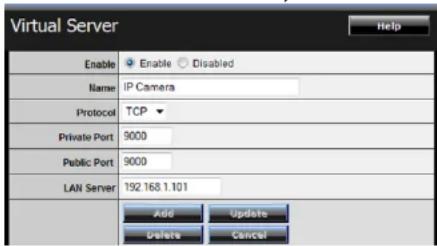 Virtual Server Enable Enable Disabled Name IP Camera Protocol TCP Private Port 9000 Public Port 9000 LAN Server 192.168.1.101 Add Update Delete Cancel