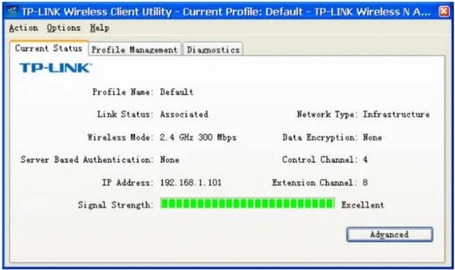 TP-LINK Wireless Client Utility - Current Profile: Default - TP-LINK Wireless N A... Action Options Help Current Status Profile Management Diagnostics TP-LINK® Profile Name: Default Link Status: Associated Network Type: Infrastructure Wireless Mode: 2.4 GHz 300 Mbps Data Encryption: None Server Based Authentication: None Control Channel: 4 IP Address: 192.168.1.101 Extension Channel: 8 Signal Strength: Excellent Advanced