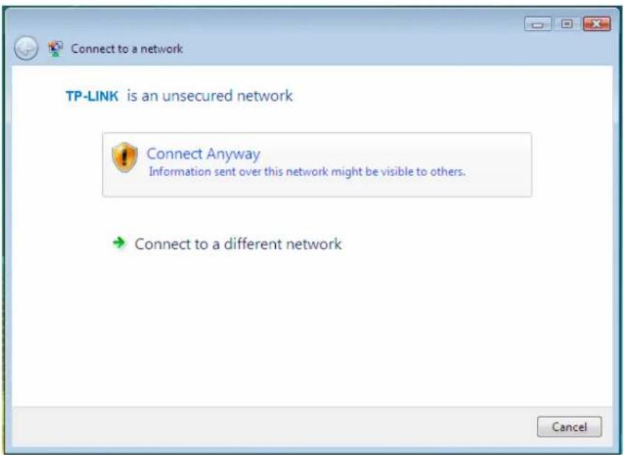 Connect to a network TP-LINK is an unsecured network Connect Anyway Information sent over this network might be visible to others. Connect to a different network Cancel