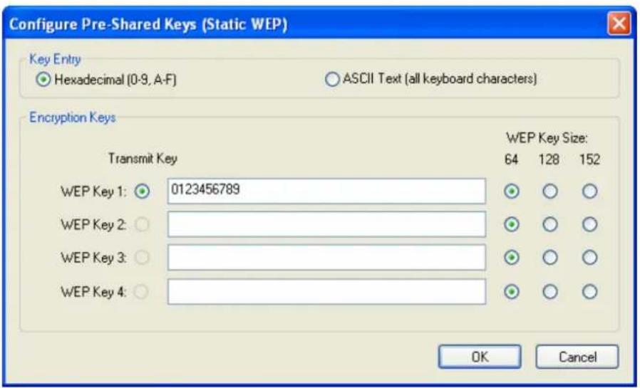 Configure Pre-Shared Keys (Static WEP) Key Entry Hexadecimal (0-9, A-F) ASCII Text (all keyboard characters) Encryption Keys Transmit Key WEP Key Size: 64 128 152 WEP Key 1: 0123456789 WEP Key 2: WEP Key 3: WEP Key 4: OK Cancel