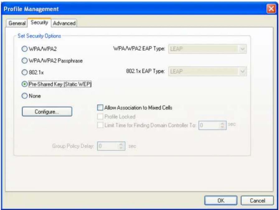Profile Management General Security Advanced Set Security Options WPA/WPA2 WPA/WPA2 EAP Type: LEAP WPA/WPA2 Passphrase 802.1x 802.1x EAP Type: LEAP Pre-Shared Key (Static WEP) None Configure... Allow Association to Mixed Cells Profile Locked Limit Time for Finding Domain Controller To: 0 sec Group Policy Delay: 0 sec OK Cancel