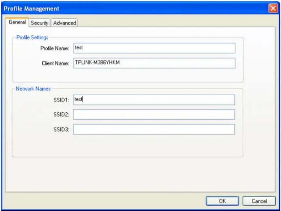 Profile Management General Security Advanced Profile Settings Profile Name: test Client Name: TPLINK-M386YHKM Network Names SSID1: test SSID2: SSID3: OK Cancel