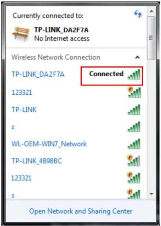 Currently connected to: TP-LINK_DA2F7A No Internet access Wireless Network Connection TP-LINK_DA2F7A Connected 123321 TP-LINK z WL-OEM-WIN7_Network TP-LINK_4B98BC 123321 s Open Network and Sharing Center
