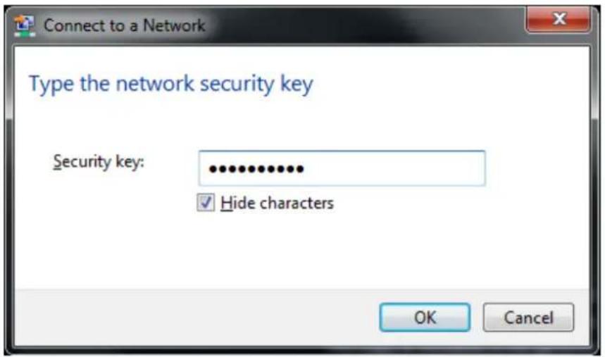 Connect to a Network Type the network security key Security key: ************ ✓ Hide characters OK Cancel