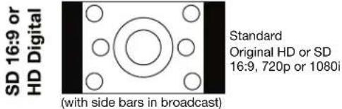SD 16:9 or HD Digital (with side bars in broadcast) Standard Original HD or SD 16:9, 720p or 1080i
