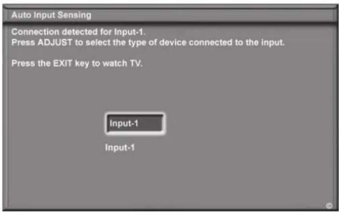 Auto Input Sensing Connection detected for Input-1. Press ADJUST to select the type of device connected to the input. Press the EXIT key to watch TV. Input-1 Input-1