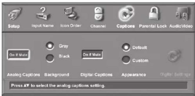 Setup Input Name Icon Order Channel Captions Parental Lock AudioVideo On If Mute Gray Black On If Mute Default Custom Analog Captions Background Digital Captions Appearance Digital Settings Press AV to select the analog captions setting.