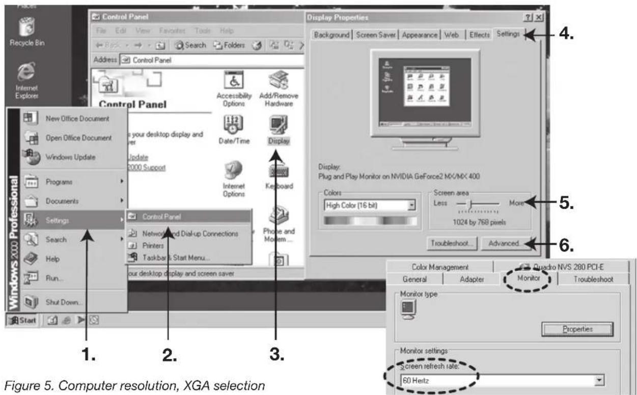 Control Panel File Edit View Favorites Tools Help Back Forward Search Folders Address Control Panel New Office Document Open Office Document Windows Update Programs Documents Settings Search Help Run... Shut Down... 1. 2. 3. Display Properties Background Screen Saver Appearance Web Effects Settings Accessibility Options Add/Remove Hardware New desktop display and user Update 2000 Support Date/Time Display Internet Options Keyboard Control Panel Network and Dial-up Connections Printers Taskbar Start Menu... Our desktop display and screen saver Display: Plug and Play Monitor on NVIDIA GeForce2 MX/MX 400 Colors High Color (16 bit) Screen area Less More 1024 by 768 pixels Troubleshoot Advanced... Color Management Quadro NVS 280 PCI-E General Adapter Monitor Troubleshoot Monitor type Properties Monitor settings screen refresh rate: 60 Hertz Figure 5. Computer resolution, XGA selection