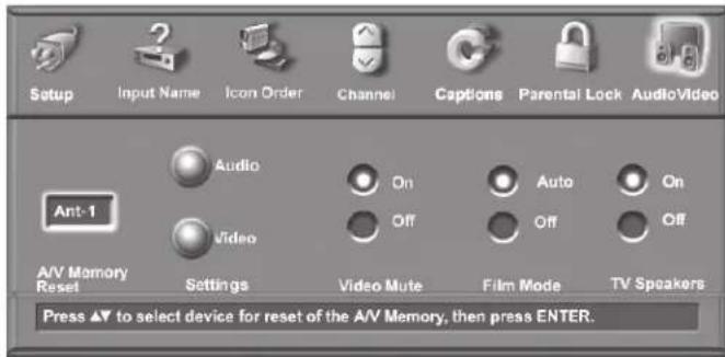 Setup Input Name Icon Order Channel Captions Parental Lock AudioVideo Ant-1 Audio On Auto On Video Off Off Off A/V Memory Reset Settings Video Mute Film Mode TV Speakers Press ▲ to select device for reset of the A/V Memory, then press ENTER.
