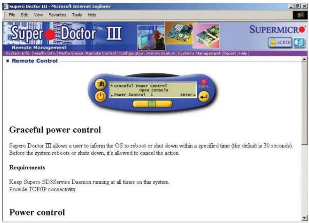 Supero Doctor III - Microsoft Internet Explorer File Edit View Favorites Tools Help Super Doctor III Remote Management System Info Health Info Performance Remote Control Configuration Administration Systems Management Report Help ■ Remote Control Graceful Power Control Open Console Power Control ↓ Enter Graceful Power Control Open Console Power Control ↓ Enter Graceful Power control Supero Doctor III allows a user to inform the OS to reboot or shut down within a specified time (the default is 30 seconds). Before the system reboots or shuts down, it's allowed to cancel the action. Requirements Keep Supero SD3Service Daemon running at all times on this system. Provide TCP/IP connectivity. Power control