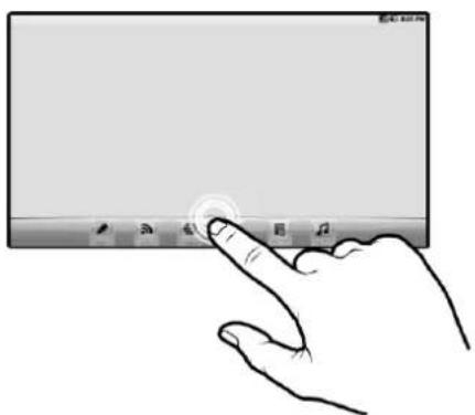 Hand interacting with a touchscreen device displaying icons for music, radio, and music app