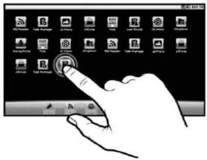 Hand interacting with a touchscreen device displaying various app icons and a button labeled 'OK', likely for system or application interface.