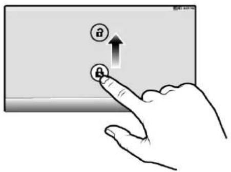 Hand interacting with a tablet screen displaying an icon of a lock and an upward arrow, symbolizing access or security.