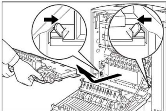 Diagram illustrating a mechanical assembly process with labeled components and directional arrows indicating movement or assembly steps.