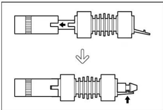 Technical diagram showing mechanical assembly transformation with labeled parts and directional arrows