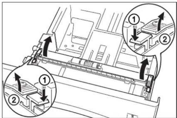 Technical diagram showing mechanical assembly with numbered components and directional arrows indicating movement or assembly steps.