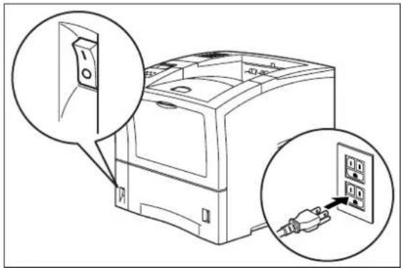 Diagram showing a computer with an open switch and connected to a power outlet, with magnified insets highlighting the switch's internal structure.