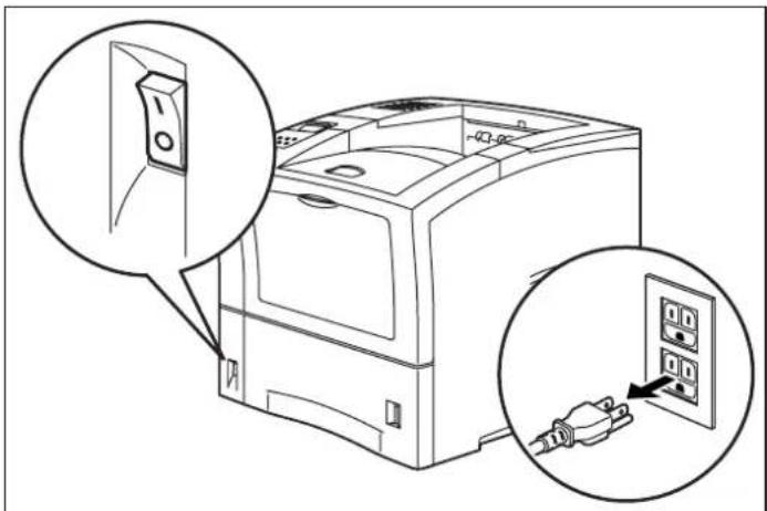 Technical diagram showing a computer with two close-up insets highlighting internal components, including a switch and plug.