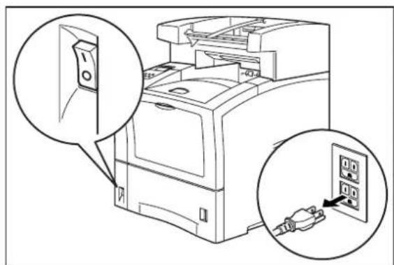 Technical diagram showing a printer with a door and close-up insets highlighting the component's insertion.