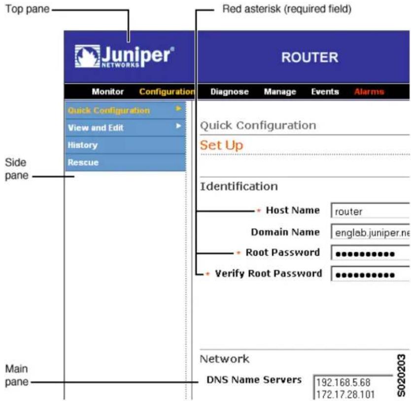 Top pane Red asterisk (required field) Juniper® NETWORKS Router Monitor Configuration Diagnose Manage Events Alarms Quick Configuration Set Up Side pane Identification Host Name router Domain Name englab.juniper.net Root Password ••••••••••••• Verify Root Password ••••••••••••• Network DNS Name Servers 192.168.5.68 172.17.28.101 S020203 Main pane