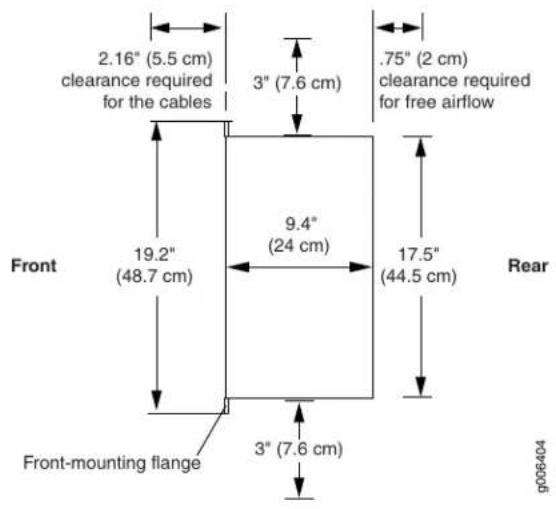 2.16" (5.5 cm) clearance required for the cables 3" (7.6 cm) .75" (2 cm) clearance required for free airflow 9.4" (24 cm) 17.5" (44.5 cm) Front 19.2" (48.7 cm) Rear Front-mounting flange 3" (7.6 cm) g006404