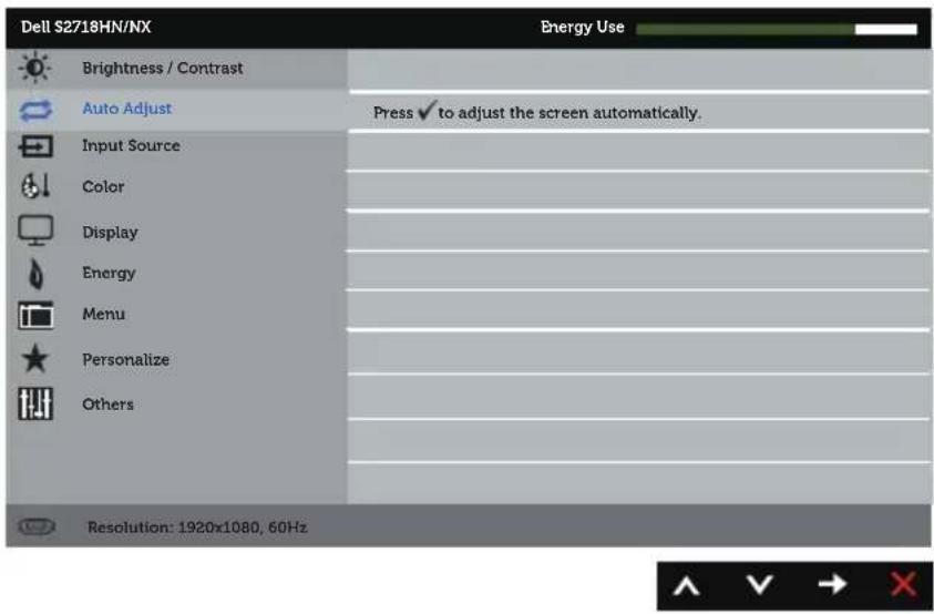 Dell S2718HN/NX Energy Use Brightness / Contrast Auto Adjust Press ✓ to adjust the screen automatically. Input Source Color Display Energy Menu Personalize Others Resolution: 1920x1080, 60Hz
