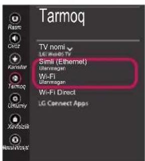 Tarmoq TV nomi LG norm TV Simli (Ethernet) Uitrogenyan Wi-Fi Uitrogenan Wi-Fi Direct LG Connect Apps