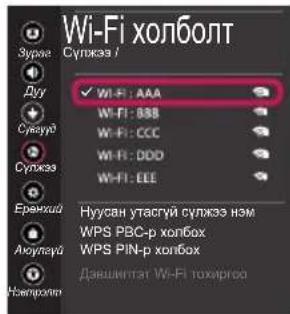 Wi-Fi холболт Зуреа Супказ / Дуу Сулуай Супказ Ермкид Анулауд Напротин ✓ WI-FI: AAA WI-FI: BBB WI-FI: CCC WI-FI: DDD WI-FI: EEE Нусян утасгий супказ нэм WPS PBC-p холbox WPS PIN-p холbox Даншингтai WI-FI toxирюо