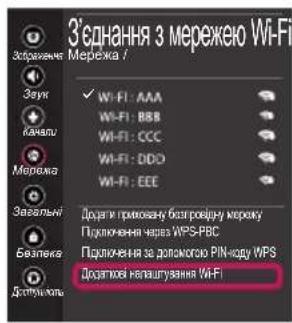 З'єднання з мережею Wi-Fi Зотравнені Мережа / Звиги Качалу Мережа Завельні Белега Доступаль ✓ Wi-Fi: AAA Wi-Fi: BBB Wi-Fi: CCC Wi-Fi: DDO Wi-Fi: EEE Доходи примовану безгровіду мороку Приключення чарка WPS-PBC Приключення за допомогко PIN-ноду WPS Доходи кезпшування Wi-Fi
