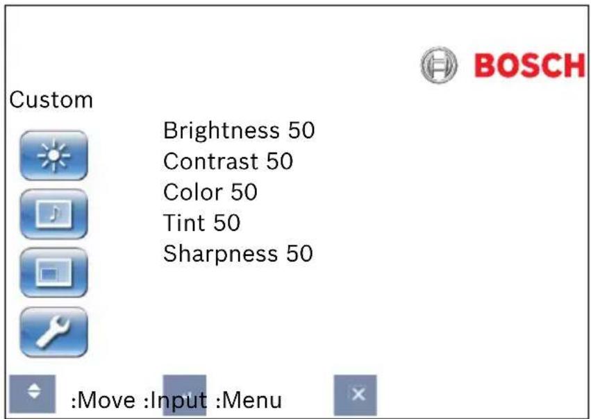 Custom Brightness 50 Contrast 50 Color 50 Tint 50 Sharpness 50 :Move :Input :Menu