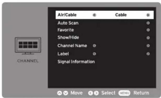 Air/Cable Cable Auto Scan Favorite Show/Hide Channel Name Label Signal Information Move Select MENU Return