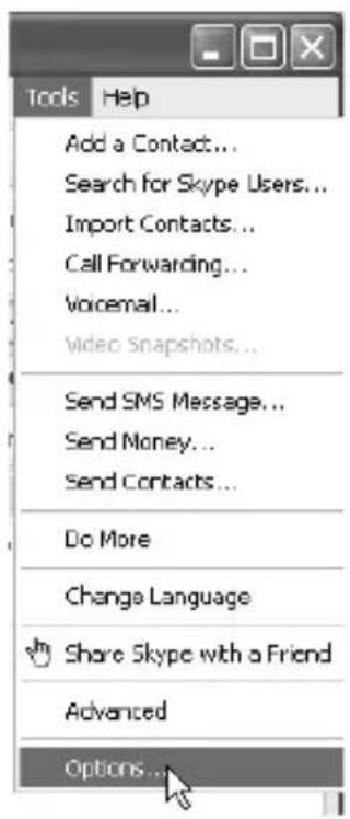 Tools Help Add a Contact... Search for Skype Users... Import Contacts... Call Forwarding... Voicemail... Video Snapshots... Send SMS Message... Send Money... Send Contacts... Do More Change Language Share Skype with a Friend Advanced Options...