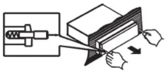 Diagram of a mechanical device with hands operating it, showing motion and force direction (no text or symbols)